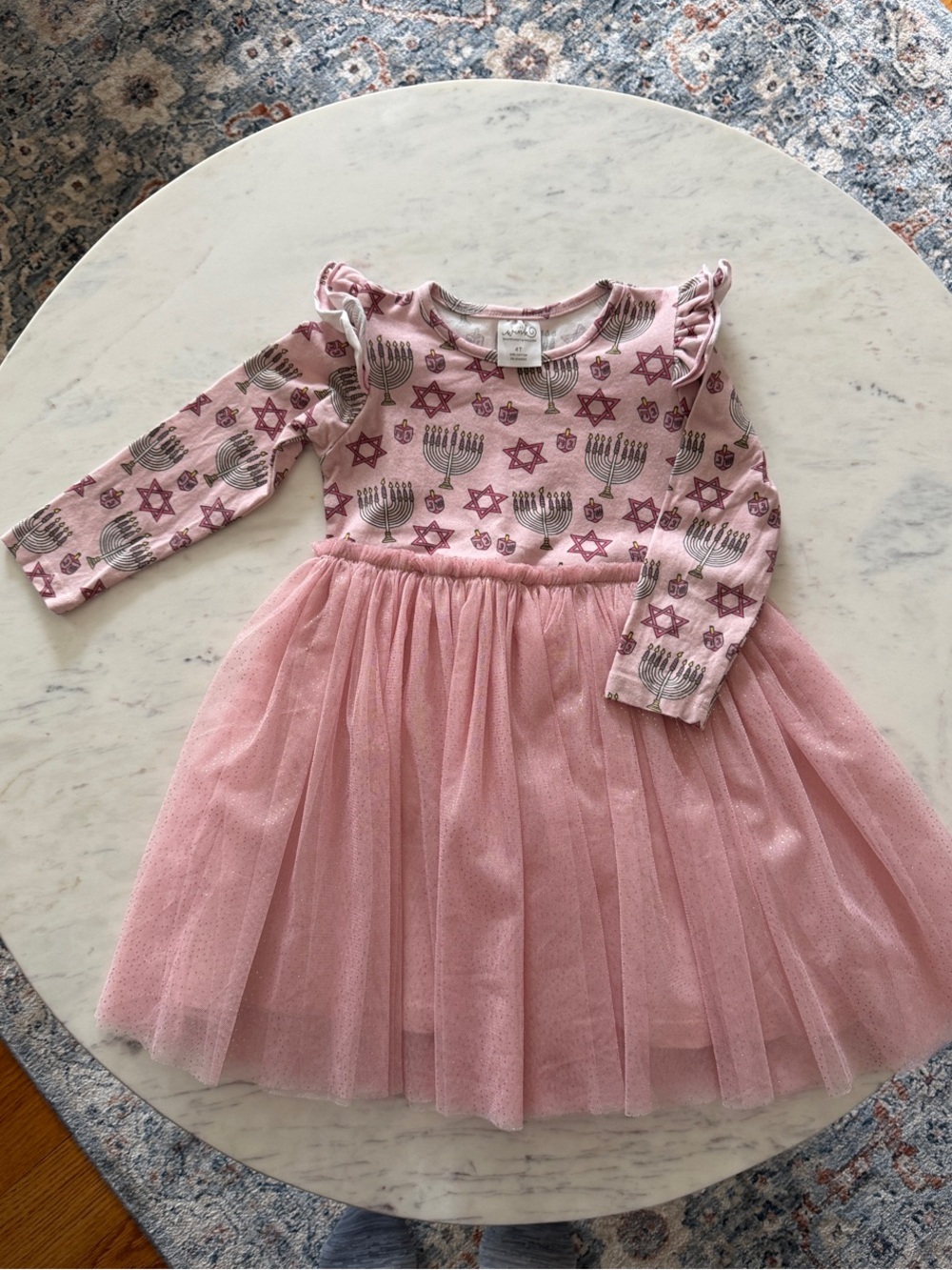 Girls' Pink Tulle Holiday Dress with Menorah Print
